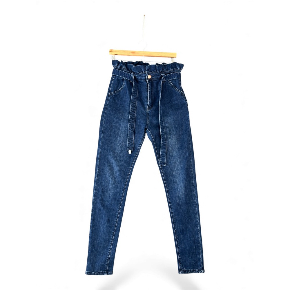 Prestige Denim High Rise Paperbag‎ Waist Jeans Dark Wash Belted Women's M